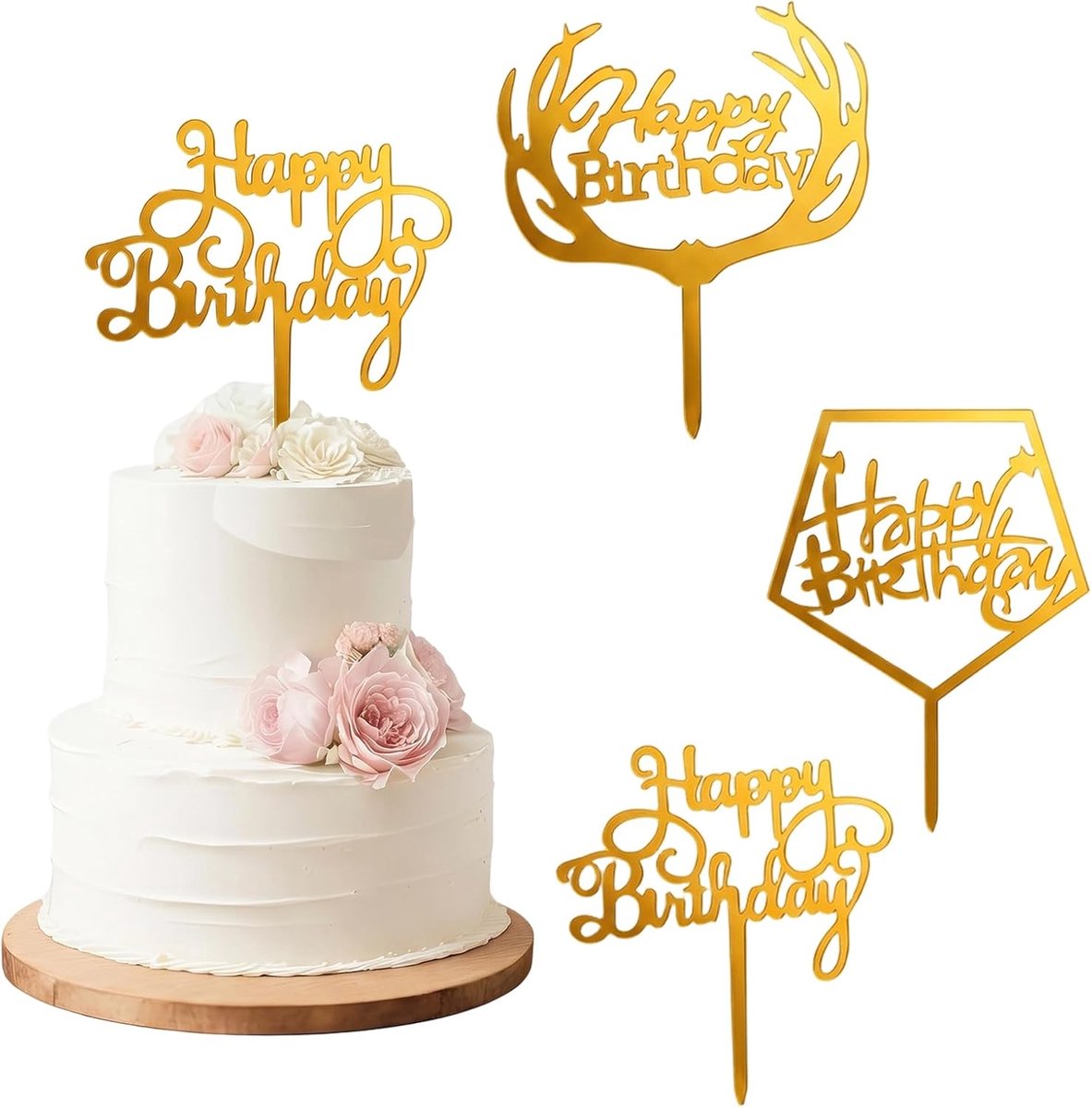 Set van 3 taarttoppers Happy Birthday, goudkleurig, elegante taartdecoratie voor feestjes en feesten, taartspikes van glanzend acryl (modellen 807, 834, 806)