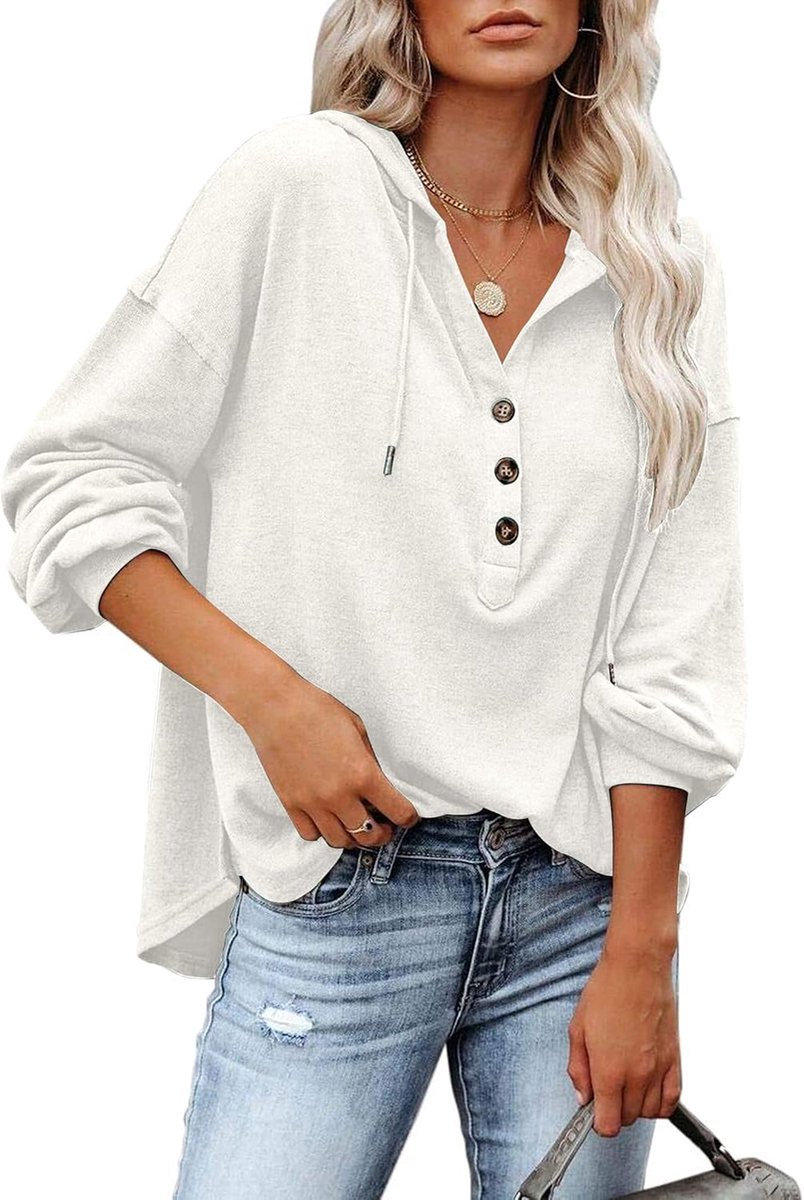 Hooded Sweater Vrouwen Lange Mouwen Knoppen Pullover met Trekkoord Leisure V-hals Hooded Henley Sweatshirt Classic
