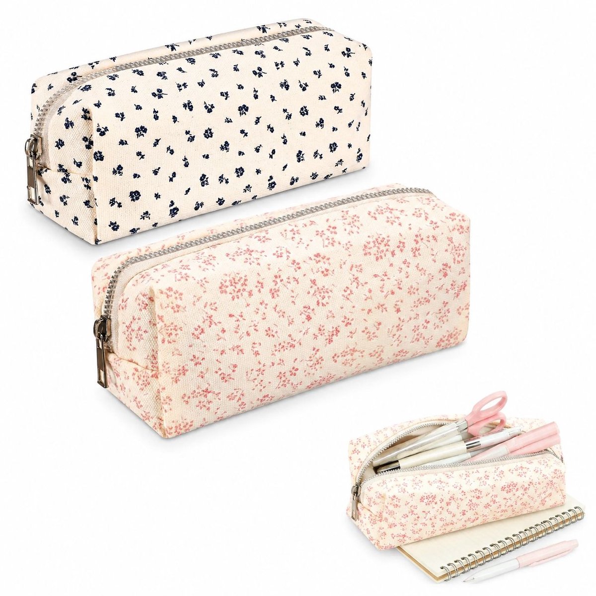 VHV - Grote Etui met Bloemenprint - Set van 2 - Esthetische Pennenzak voor Meisjes - Grote Capaciteit Stationery Pouch - Schoolspullen & Make-up Tas - Roze en lichtblauw