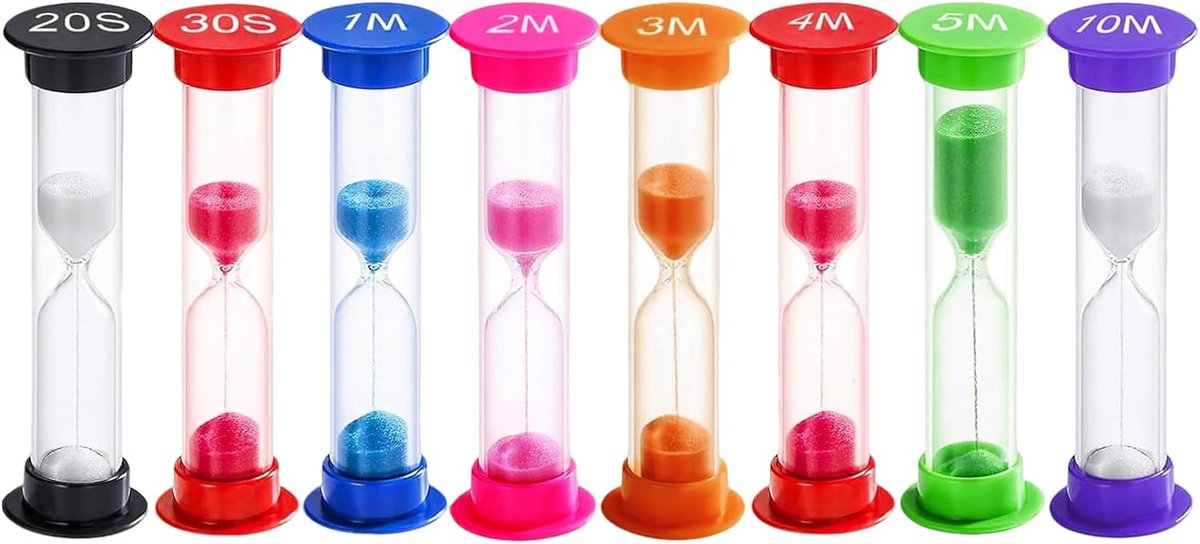 8 stuks zandloperset voor kinderen, zandloper, tandenpoetsklok, 1 min, 2 min, 3 min, 5 minuten, 10 min, kleine timer voor keuken, spelletjes, huis, kinderkamer en andere plaatsen
