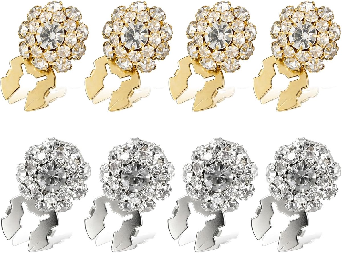 Knoopafdekkingen voor dames, 8 stuks, goud-zilveren strass-knoopafdekkingen, button covers clip voor kleding, mouwknoopafdekkingen, bling strass decoratie voor overhemden, modeaccessoires