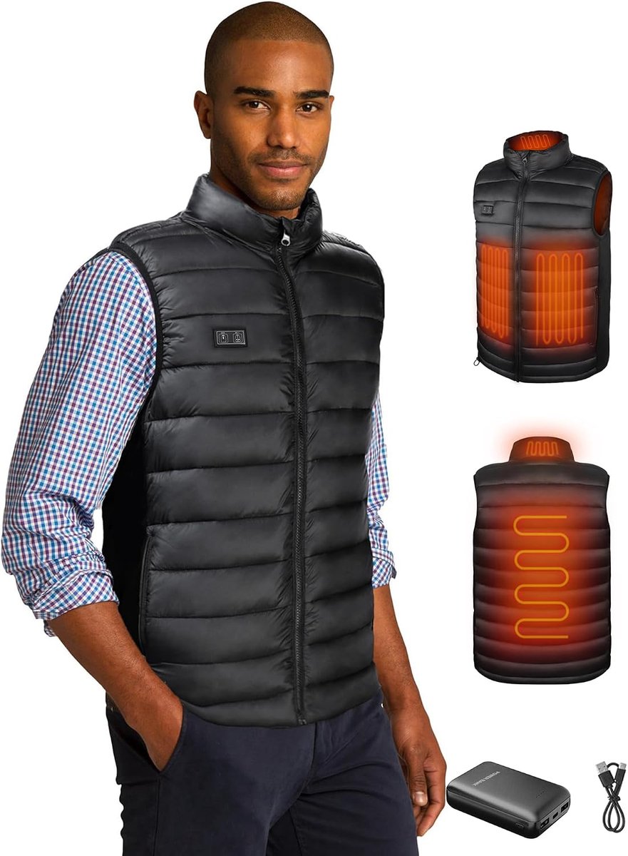 Vest voor heren met powerbank 10000 mah warmte vest elektrische | 3 warmtestanden + 4 verwarmingszones, snelle opwarming, wind- en waterafstotende buitenlaag, machinewasbaar, Voor buitenwerk