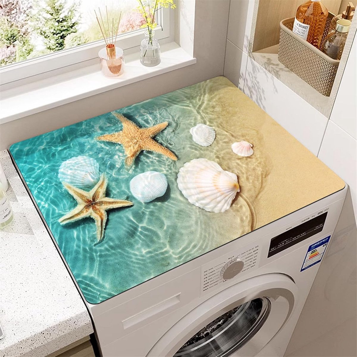 Wasmachine en Droger Topmat, Zandstrand Patroon Absorberende Wasmachine Top Beschermer Sneldrogend Antislip Wasmachine Top Afdekking Wasmachine Top Afdekmat Drainermat (Zeester, 60x60cm)