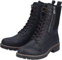 Paar zwarte Rieker veterboots met veters en ritsen, van voren en opzij bekeken.