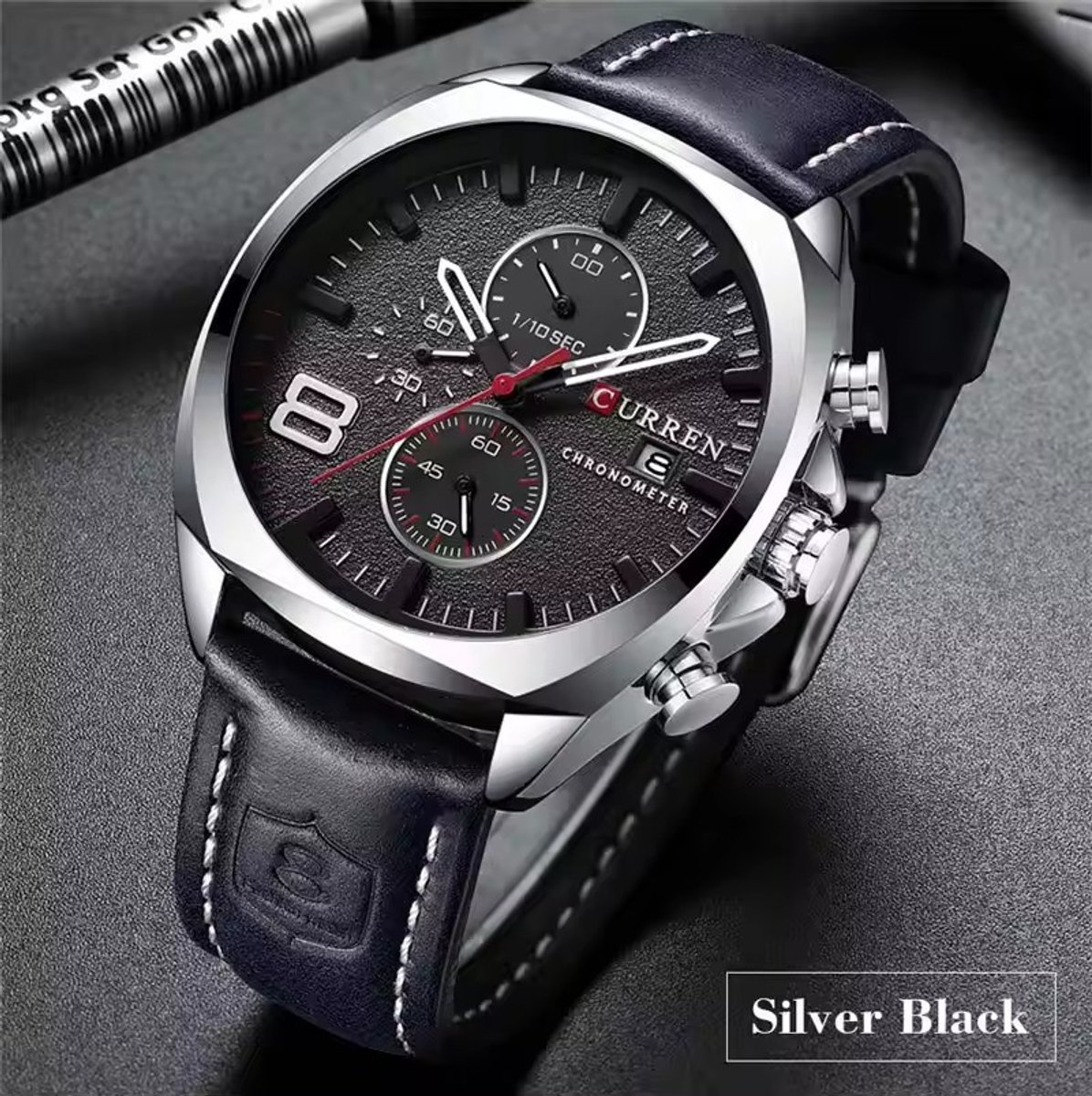 CURREN 8324 Heren luxe Quartz Polshorloge Chronograaf zwarte Lederen Band Zakelijk Origineel Polshorloge voor Heren
