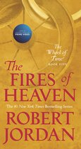 Boekcover van 'The Fires of Heaven' uit 'The Wheel of Time', met gouden achtergrond en rode tekst. Toont een wiel in de achtergrond en een blauw Prime Video logo.