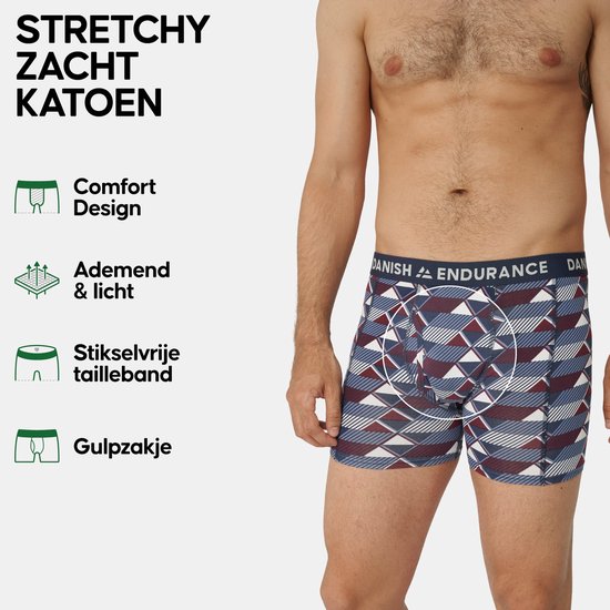 Homme portant des boxers à motif losange bleu, bordeaux et blanc. Coton doux et extensible.