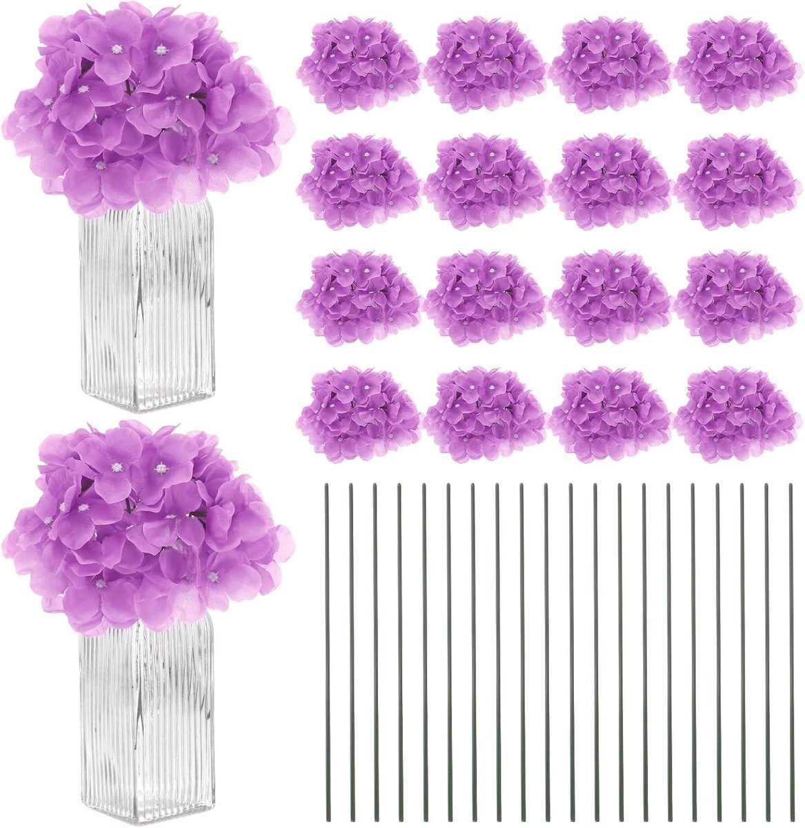 Set van 66 kunstmatige hortensia bloemenkoppen met stengels voor huisdecoratie, bruiloften en feesten - Paars