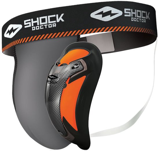 Grijze kruisbeschermer met zwarte en oranje band met 'SHOCK DOCTOR' logo. Grijze cup met oranje en zwarte accenten.