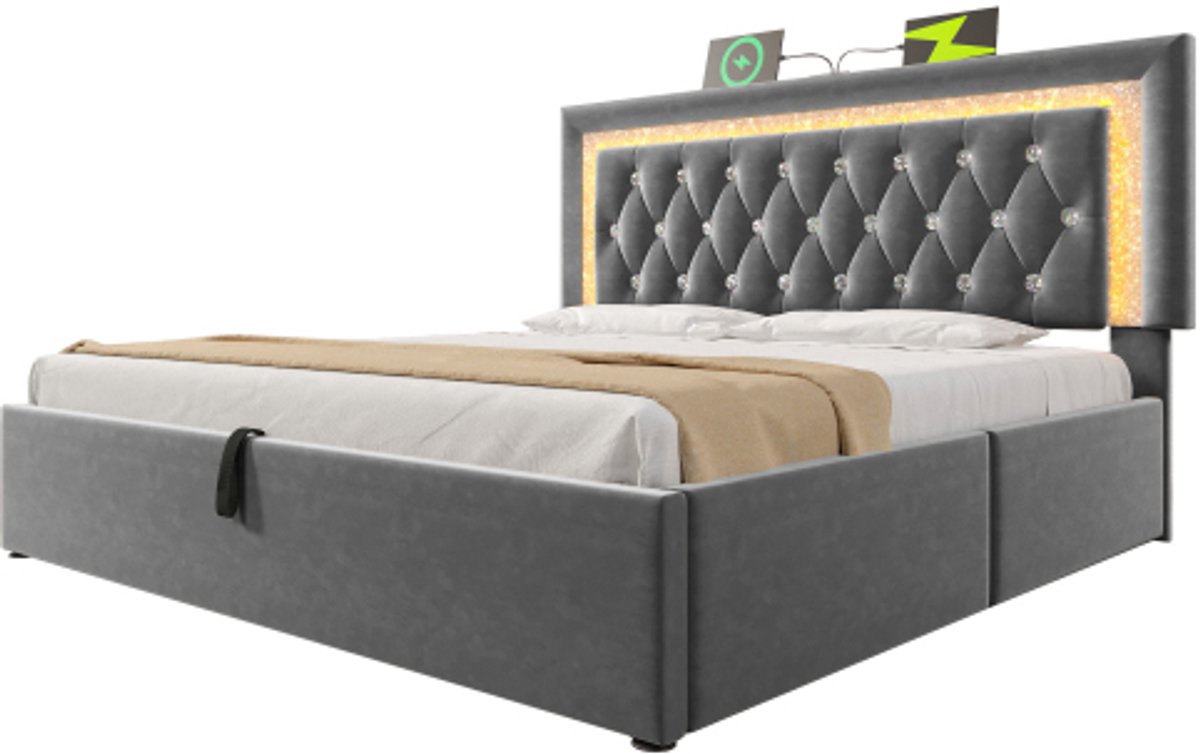 Gestoffeerd tweepersoonsbed 140 x 200 cm - Fluweel, LED, USB/USB-C en hydraulische opbergruimte - Grijs-matras niet inbegrepen