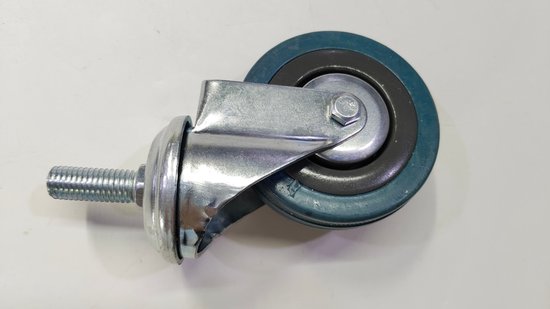 Grijze rubberen zwenkwiel met metalen beugel en M12 schroefdraad.
