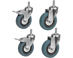 Zwenkwielen - grijze rubberen wielen - Inclusief 2 zwenkwielen met schroefdraad en 2 wielen met schroefdraad en rem - Geschikt voor bureaustoelen en meubels - Materiaal: rubber - M12-schroefdraad * 30 mm lengte - 4 stuks