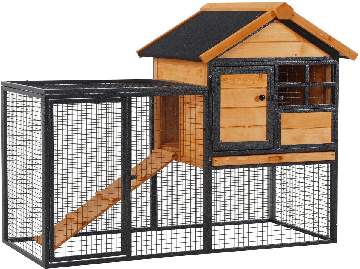 Konijnenhok verhoogd huisje voor kleine dieren met vrijloop - afsluitbare deur - epoxyhars op metaal - voorbehandeld met olie - cederhout - 122 x 63 x 92 cm – uitwerpladen - met raam - metalen rooster