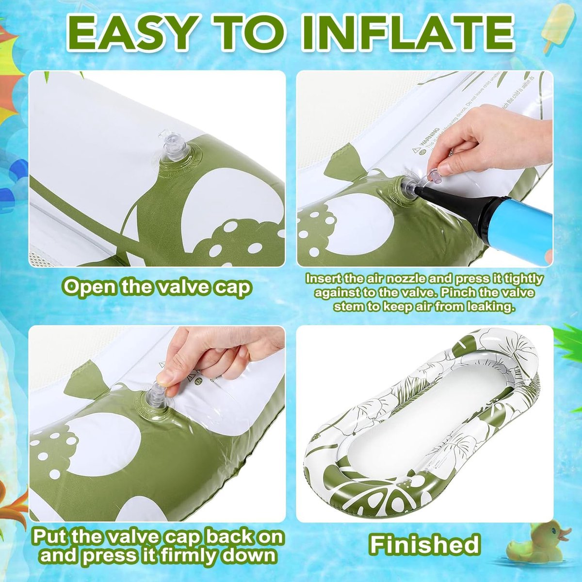 Opblaasbare Zwemband voor Volwassenen - Comfortabele Waterligmat met Hoofdsteun & Mesh Bodem - Perfect voor Zonnebaden, Strandvakantie & Feest - Stevig & Duurzaam - Snel Opblazen - Ontspanning op het Water - Groen Print – foto 2