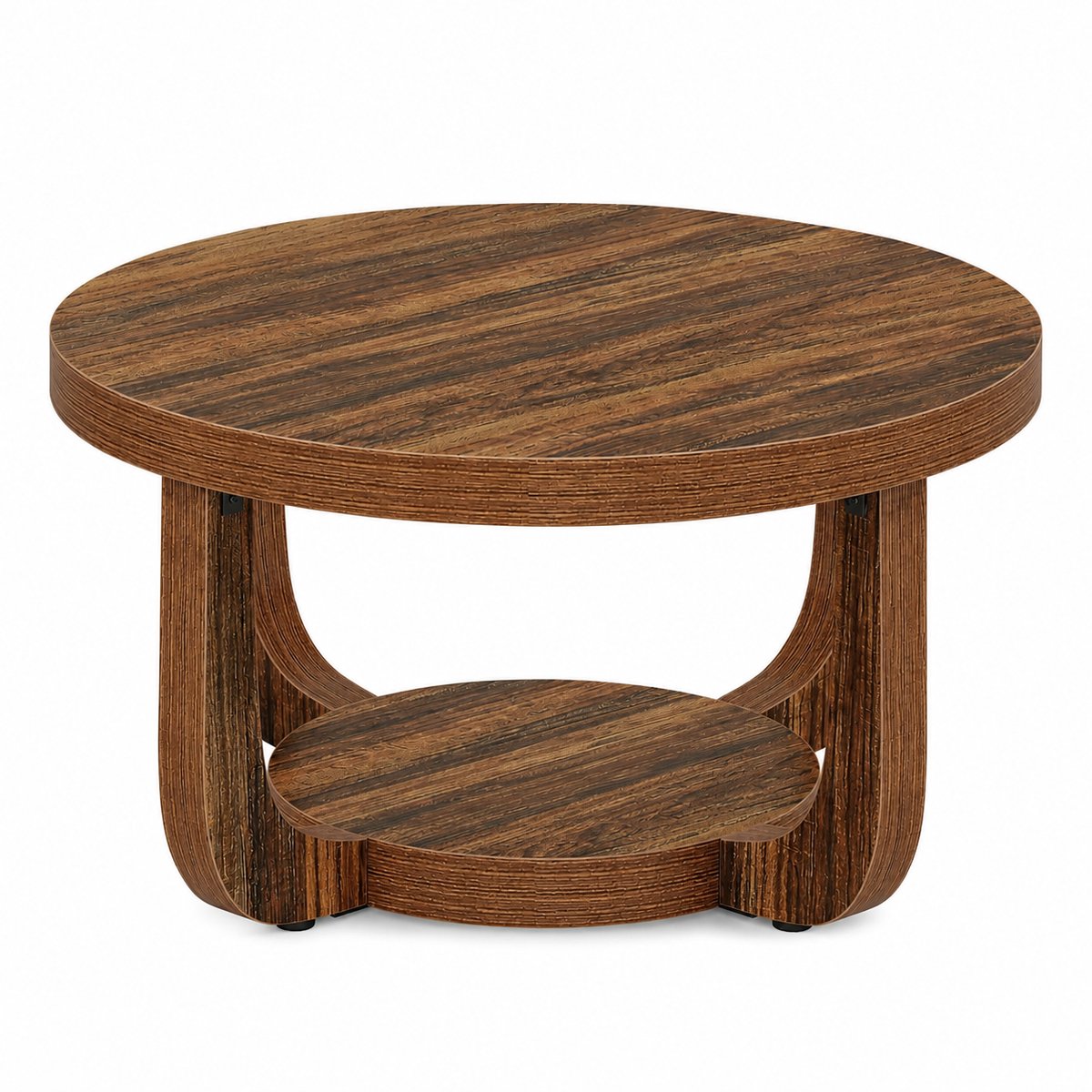 Sello! salontafel rond – koffietafel – 2 lagen – diameter 80cm – hoogte 41 cm – 5 cm dik tafelblad – houtlook – rustiek bruin
