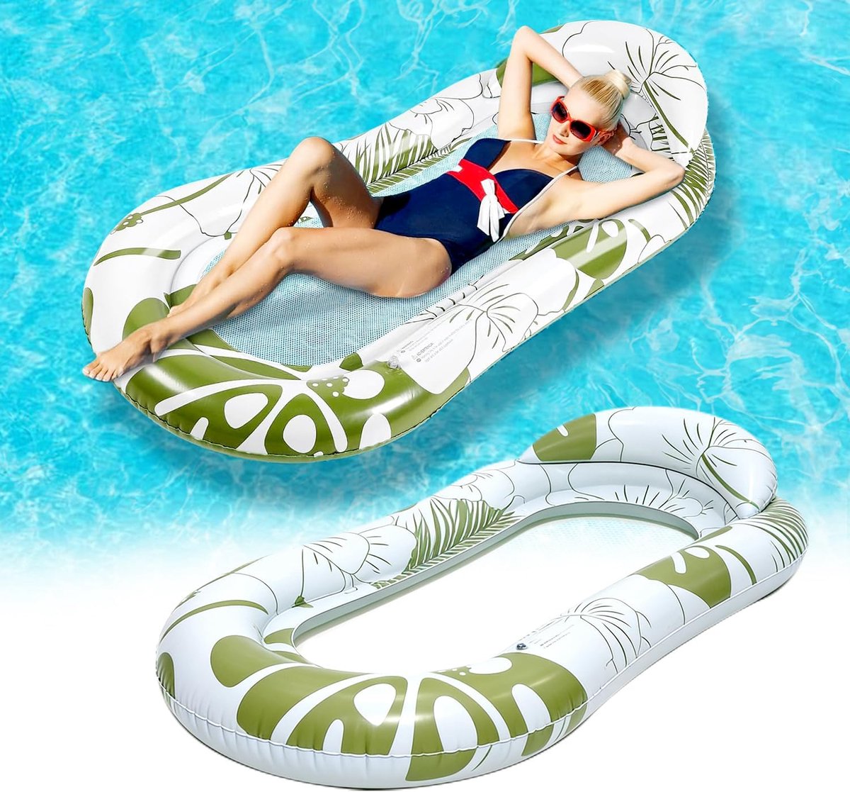 Opblaasbare Zwemband voor Volwassenen - Comfortabele Waterligmat met Hoofdsteun & Mesh Bodem - Perfect voor Zonnebaden, Strandvakantie & Feest - Stevig & Duurzaam - Snel Opblazen - Ontspanning op het Water - Groen Print