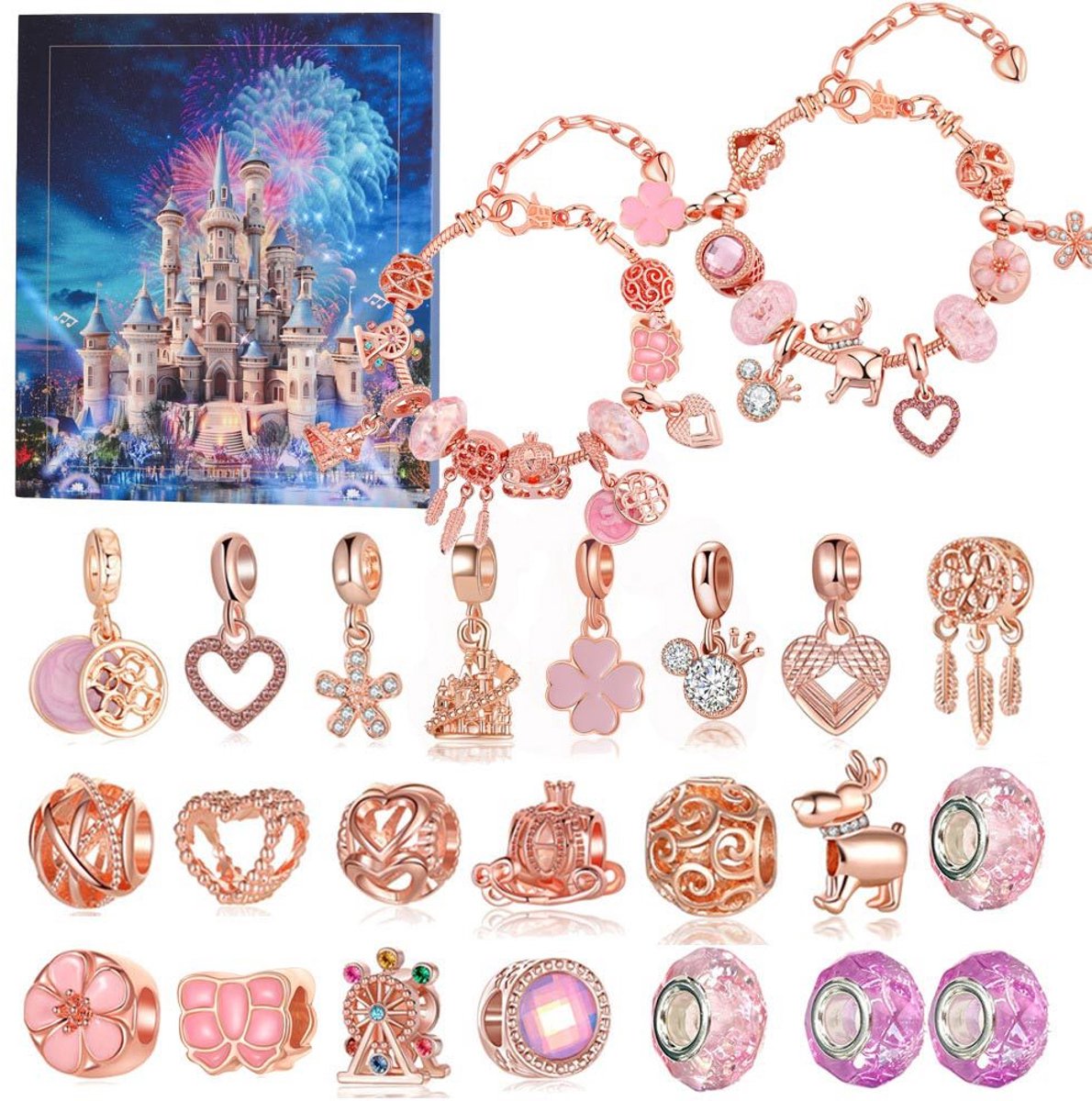 casalora-Rose gold DIY kralenset – hartvormige charms – 22 stuks – 2 armbanden (17+5 cm) – eigen sieraden maken – creatief cadeau voor kinderen & volwassenen – in opbergdoos