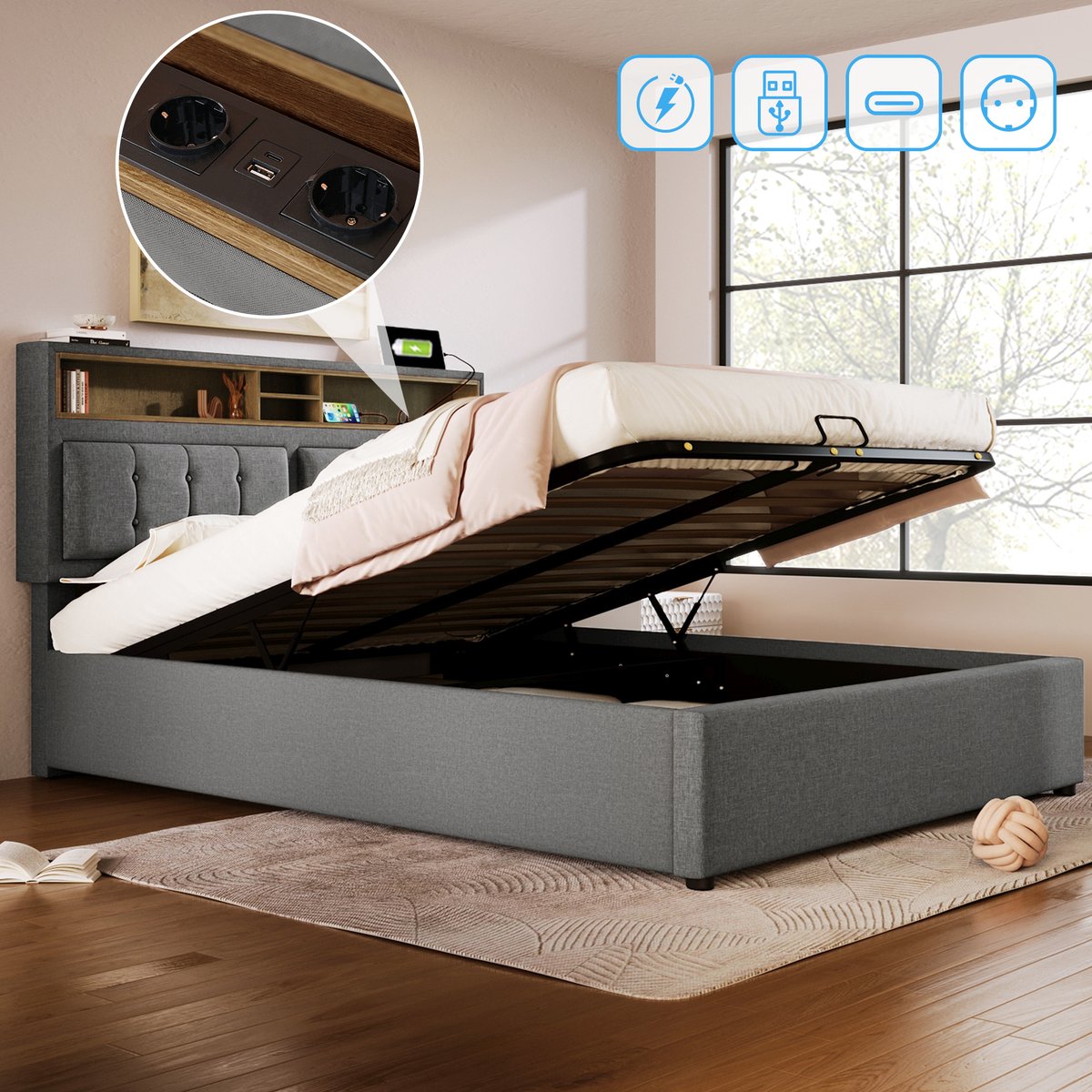Gestoffeerd bedframe - voor matras 140 x 200 cm - grijs - met USB-aansluiting en opbergruimte en lattenbodem - voor de slaapkamer
