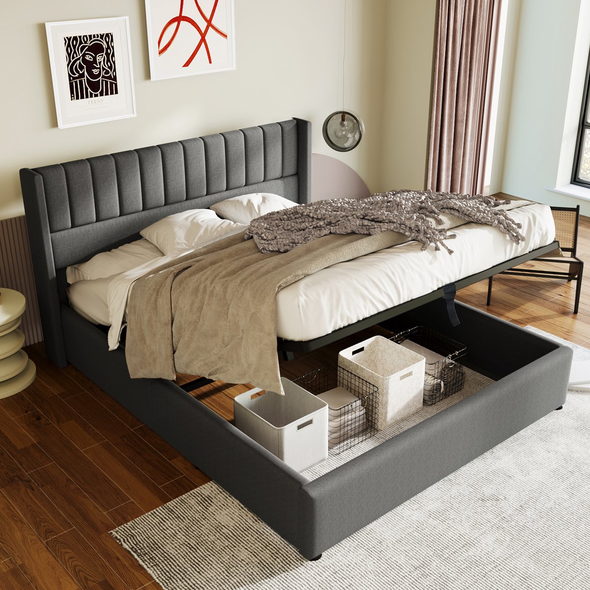 Gestoffeerd bedframe - voor matras 160 x 200 cm - grijs - met opbergruimte en lattenbodem - matras niet inbegrepen - voor de slaapkamer