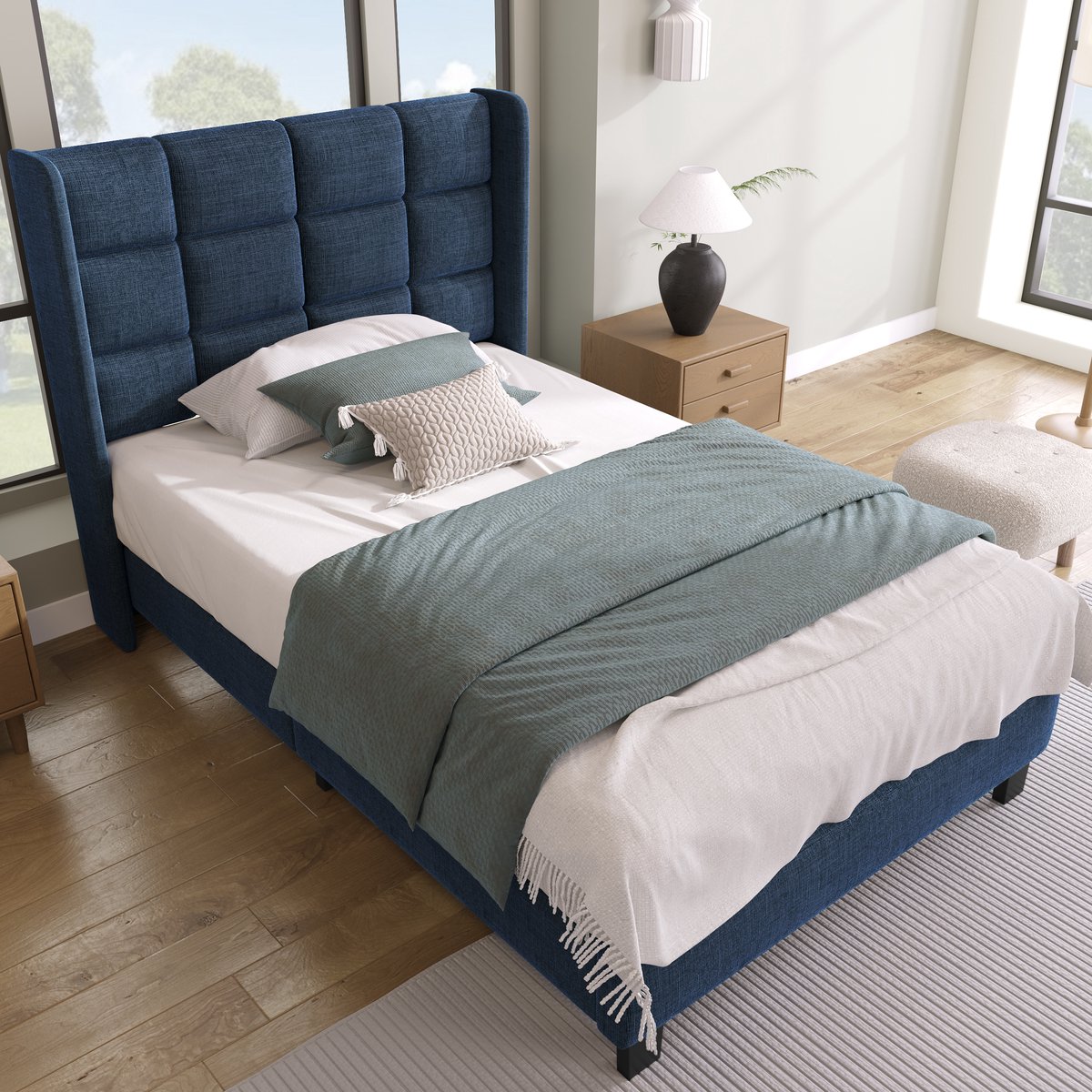 Gestoffeerd bedframe - voor matras 90 x 200 cm - blauw - met lattenbodem - matras niet inbegrepen - voor de slaapkamer - dagelijks gebruik