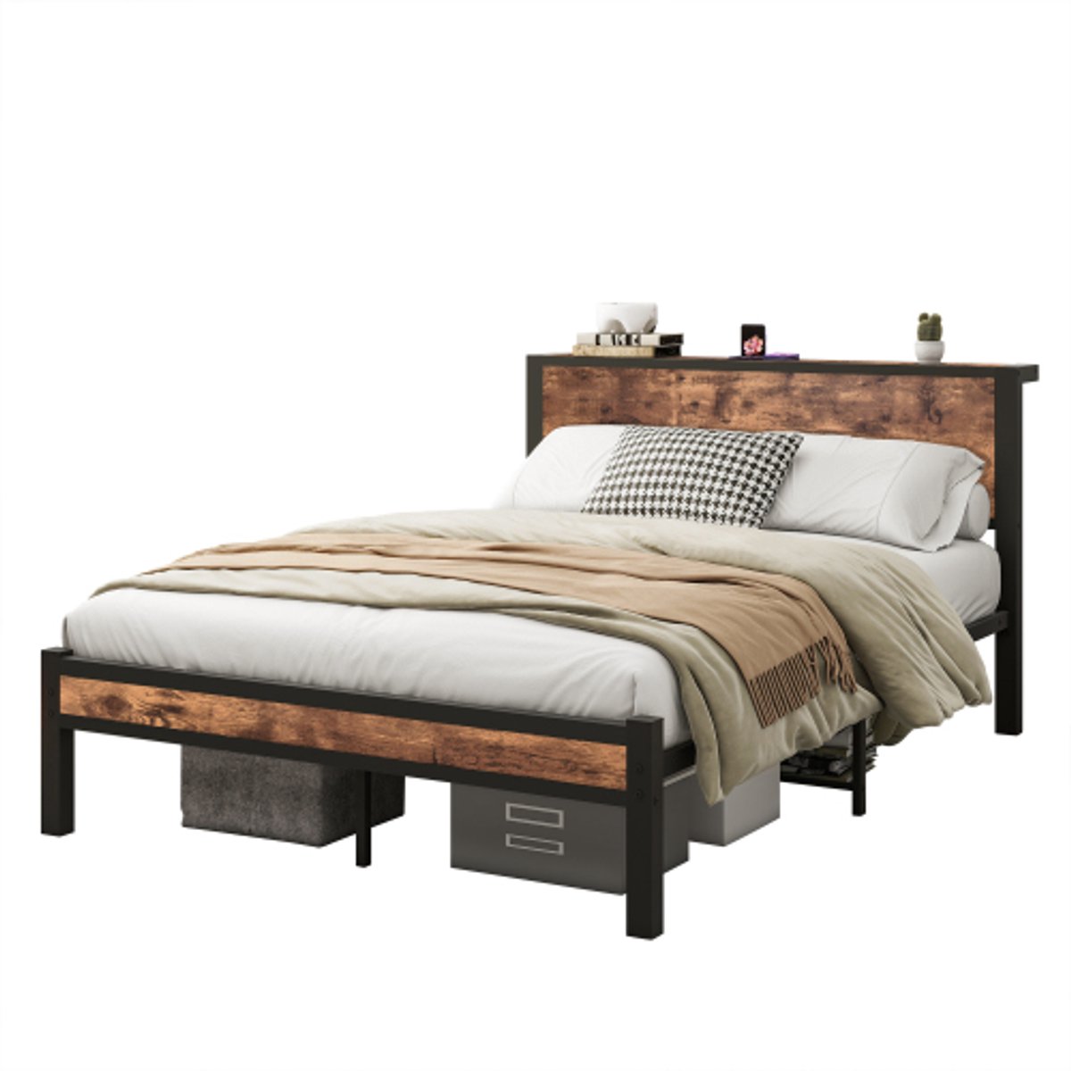 Metalen bedframe 140 x 200 cm - Met opberghoofdbord, geluidloos - Vintage bruin-Matras niet inbegrepen