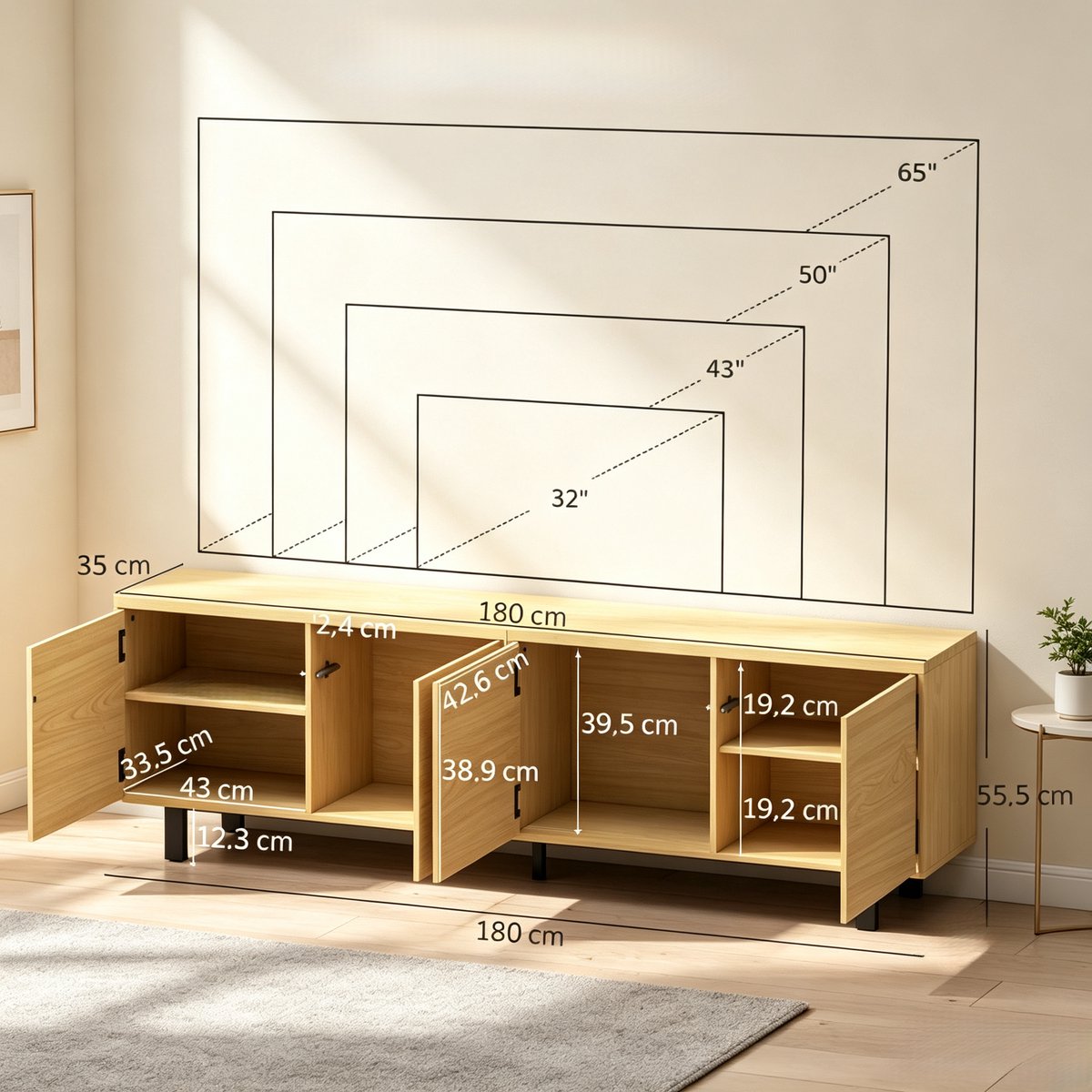 COVREO TV-meubel 180 x 35 x 55,5 cm naturel houtlook, 4 deuren voor woonkamer Natural