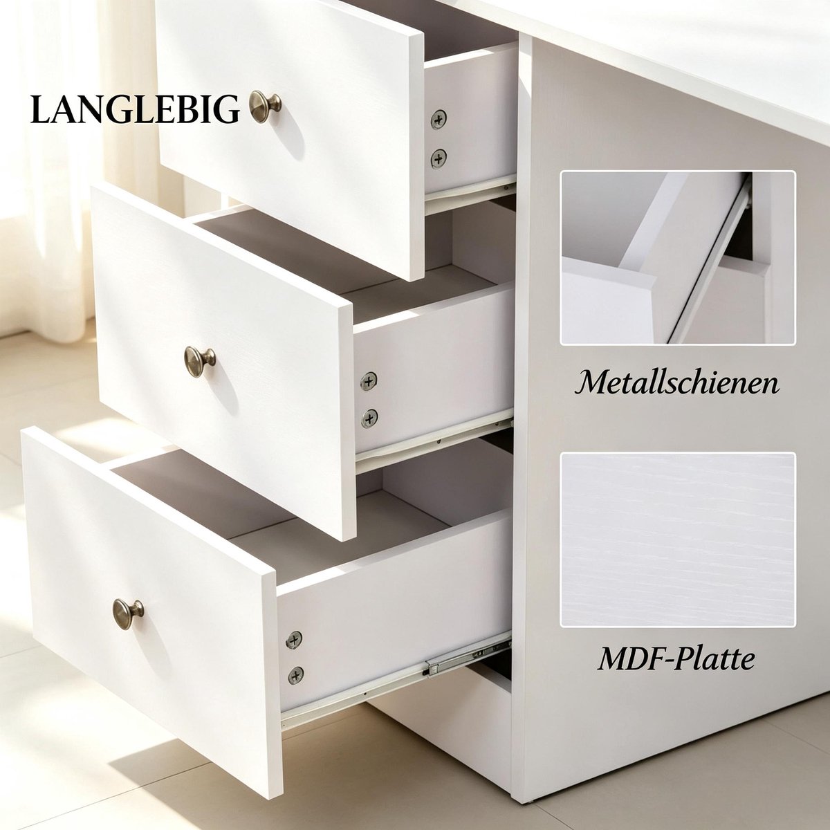 COVREO Bureau 120x49x72 cm wit MDF en metaal, met 3 lades en opbergruimte