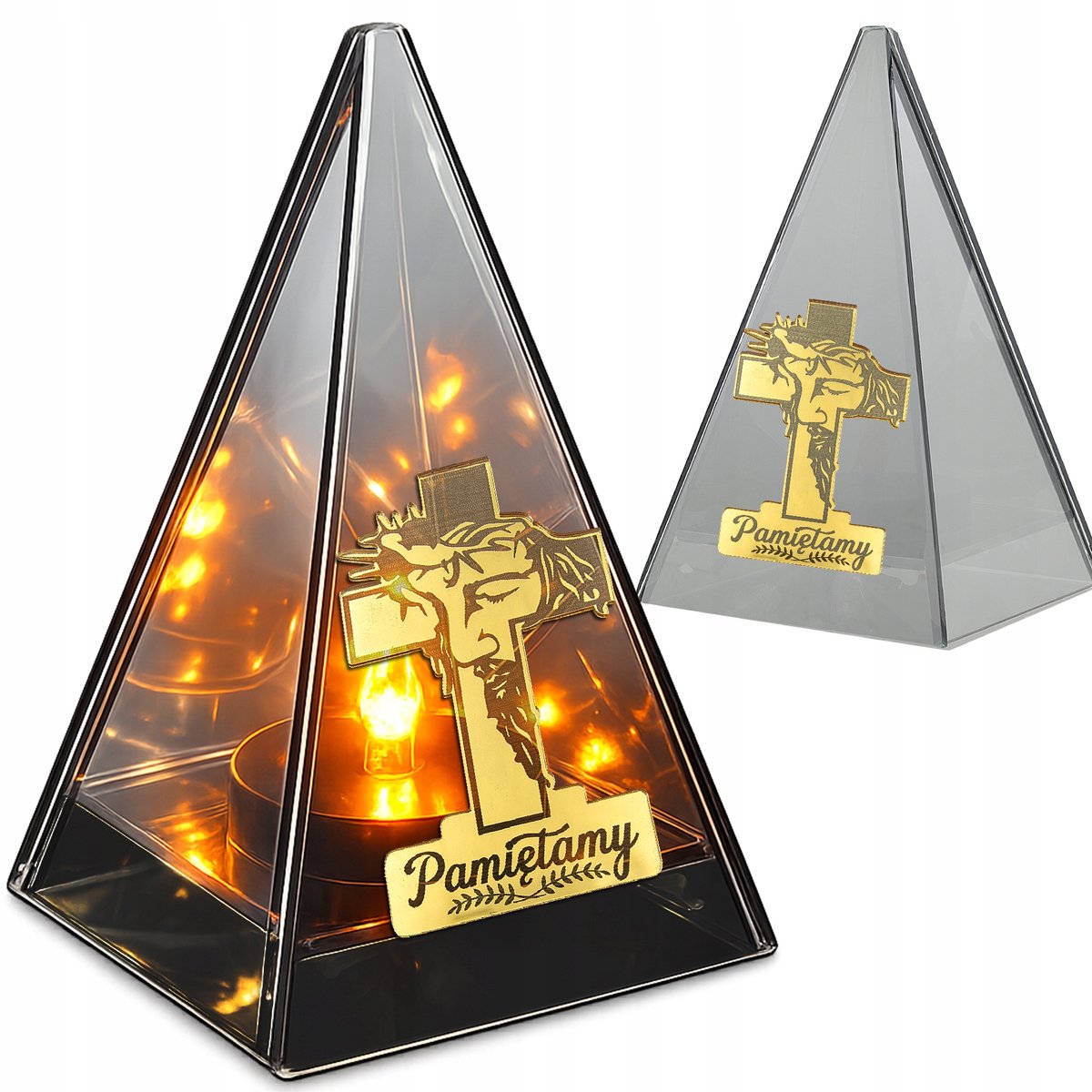 LED Graf Lantaarn met Vlam Effect en Kruis - Glas
