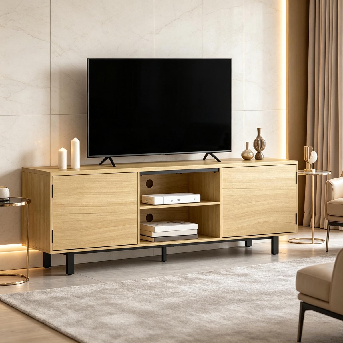 COVREO TV-meubel 160x35x55,5 cm naturel, spaanplaat met 2 deuren natuurlijk hout, zwart