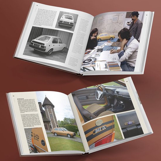 Bladzijden uit een boek met foto's van een witte DAF 343 en schetsen van een gele auto.