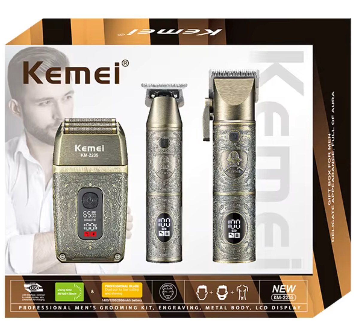 Kemei KM-2235 – 3-in-1 Professionele Tondeuse, Trimmer & Scheerapparaat – Draadloos – LCD Display – Metalen Behuizing