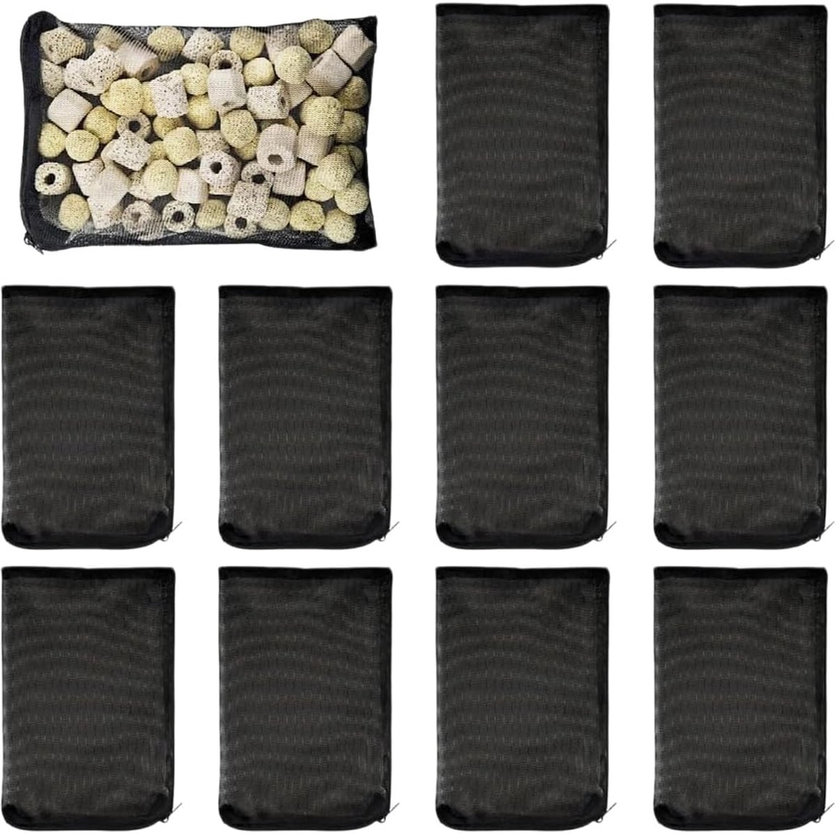 10 stuks herbruikbare netzakken voor aquariumfilter, actieve kool, biologische ballen, ammoniakverwijderaar (15 x 20 cm) (zwart)