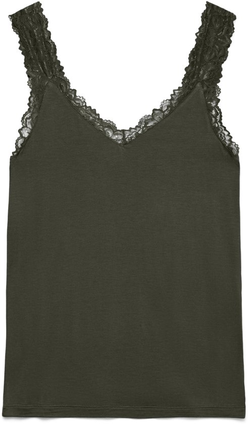 Donkergroene singlet met kantdetails langs de V-hals en schouderbandjes.