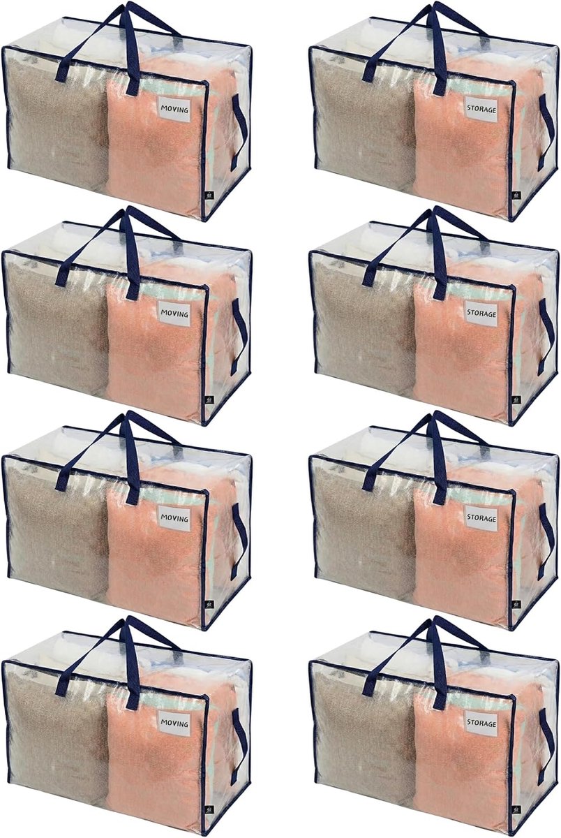 Grote opbergtas met deksel, duurzame handgrepen en ritssluitingen voor verhuizing, kledingopslag, huisbenodigdheden, waterafstotend (transparant, verpakking van 8 stuks)