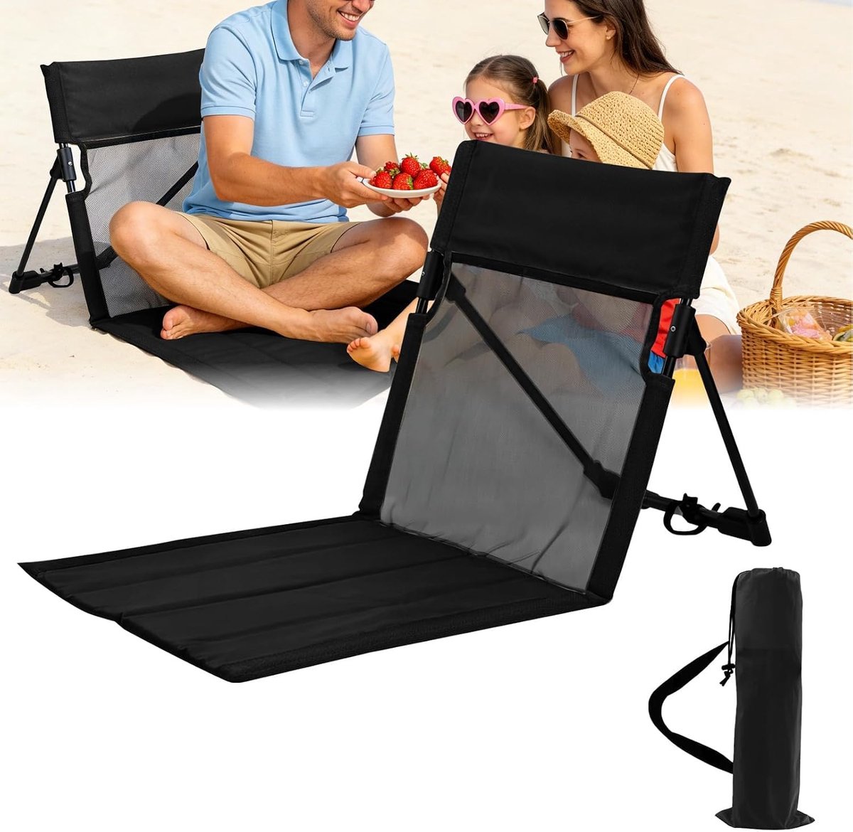 Opvouwbaar, ademend, strandmat met rugleuning, van 600D Oxford-stof, draagbaar, ultralicht, voor camping, strand, outdoor, gras, tuin (zwart)