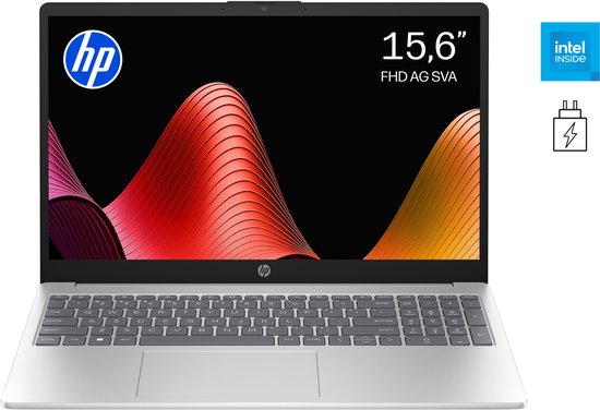 Zilveren HP 15-inch laptop met een 15,6" FHD AG SVA scherm. Intel Inside logo en oplader icoon zichtbaar.