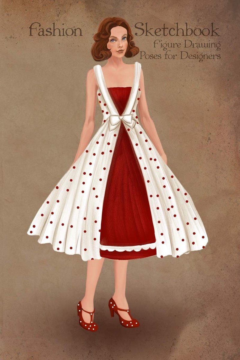 Sketchbook Figure Drawing Poses for Designers: Small sized sketchbook with fashion sketch templates and 1950 vintage style fancy dress illustration