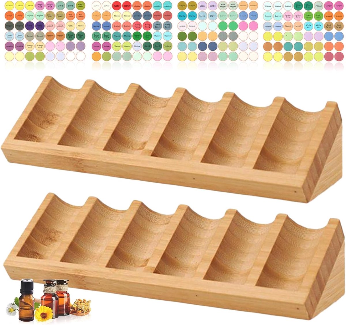 6 Slots Houten Houder voor Etherische 0lie Aromatherapie Organizer - 2 Stuks Displayrek voor Etherische Olieflessen en Opbergstandaard Etherische Oliën Box Geschikt voor Thuis/SPA/Kantoor
