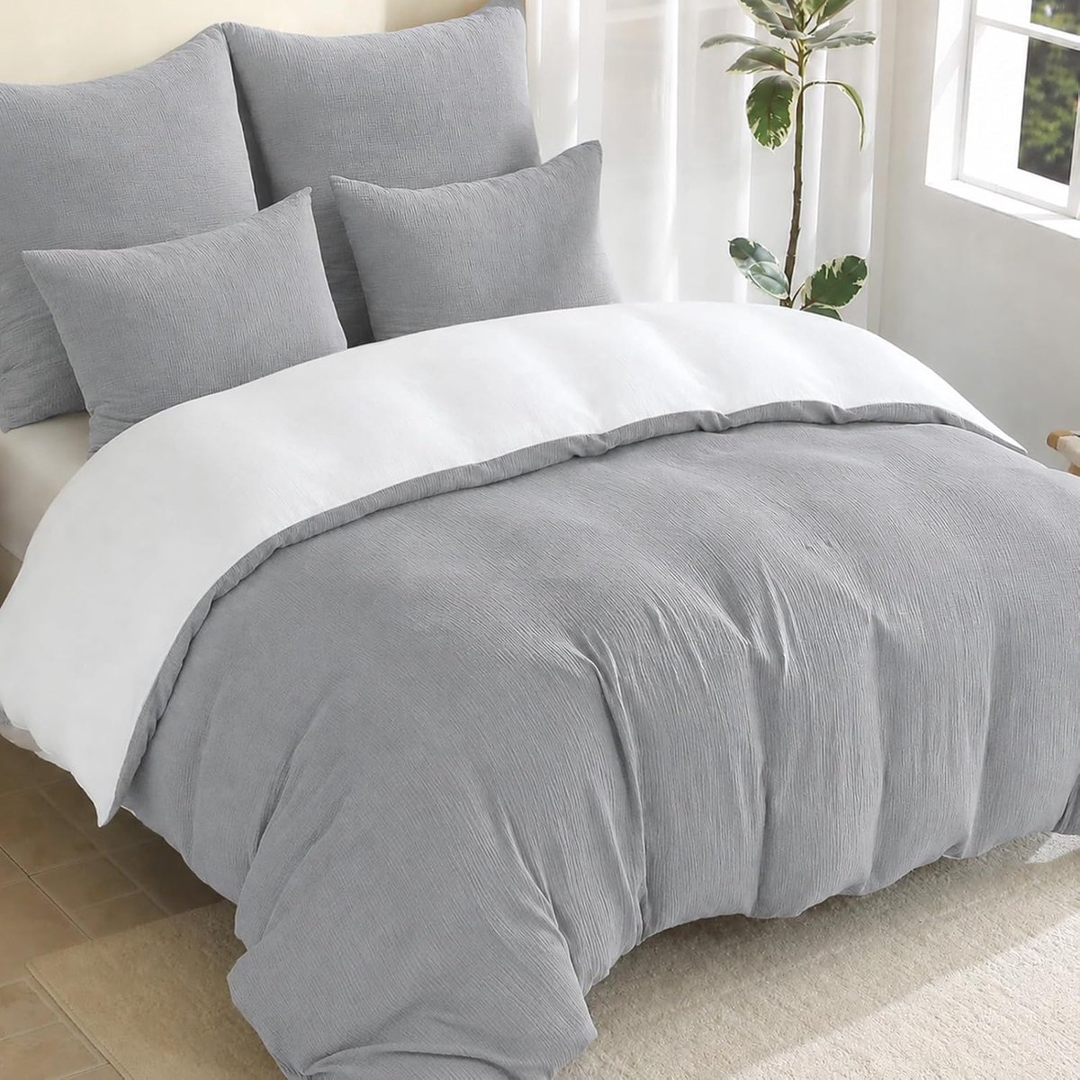 Mousseline beddengoed, 155 x 220 cm, omkeerbaar beddengoed, Oeko-Tex katoen | 2-in-1 dubbel gaas beddengoed met 2 designs, 4-seizoenen set met, 1 dekbedovertrek + 1 kussensloop, lichtgrijs/wit