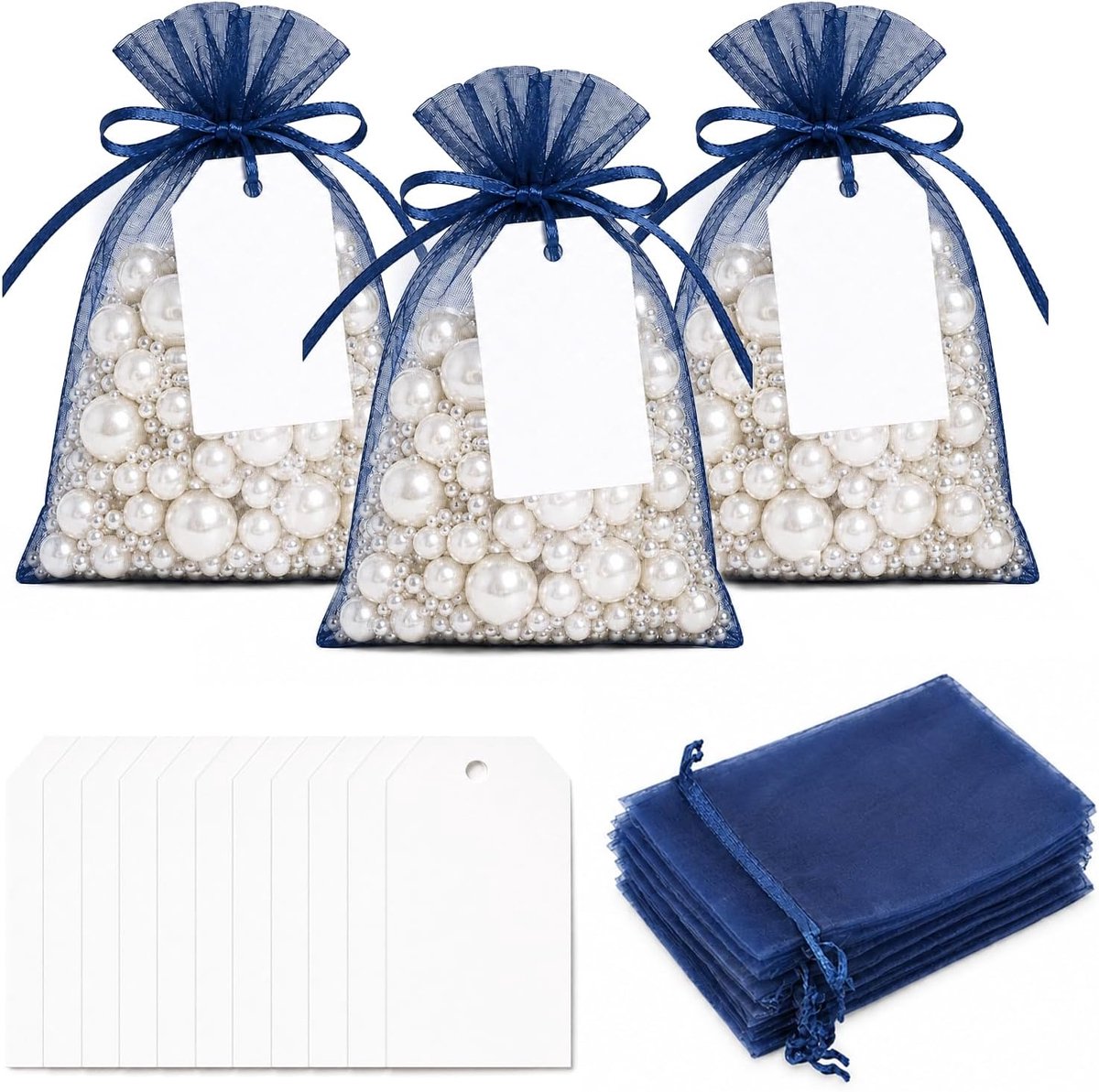 25 marineblauwe organzazakjes met cadeaulabels, 10 x 15 cm, met witte papieren etiketten van 4 x 7 cm, ideaal voor bruiloften, gastgeschenken, feesten en sieraden
