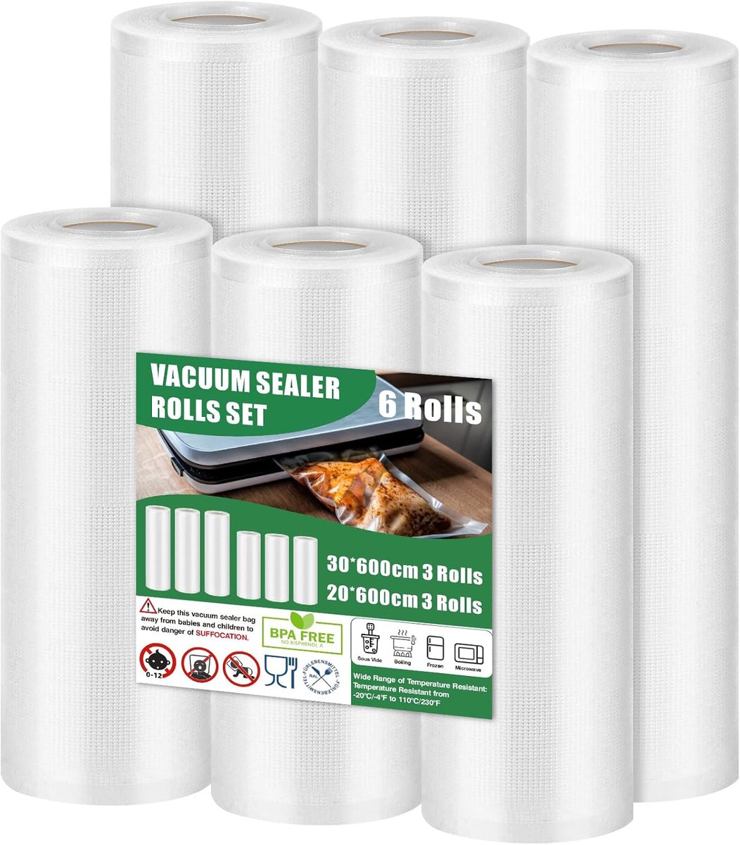 Vacuümzakken voor voedingsmiddelen Set van 6 rollen - 20/30x600cm Vacuümzakken 190µm - BPA-vrije vacuümzakken voor sous vide Geschikt voor vacuümmachines