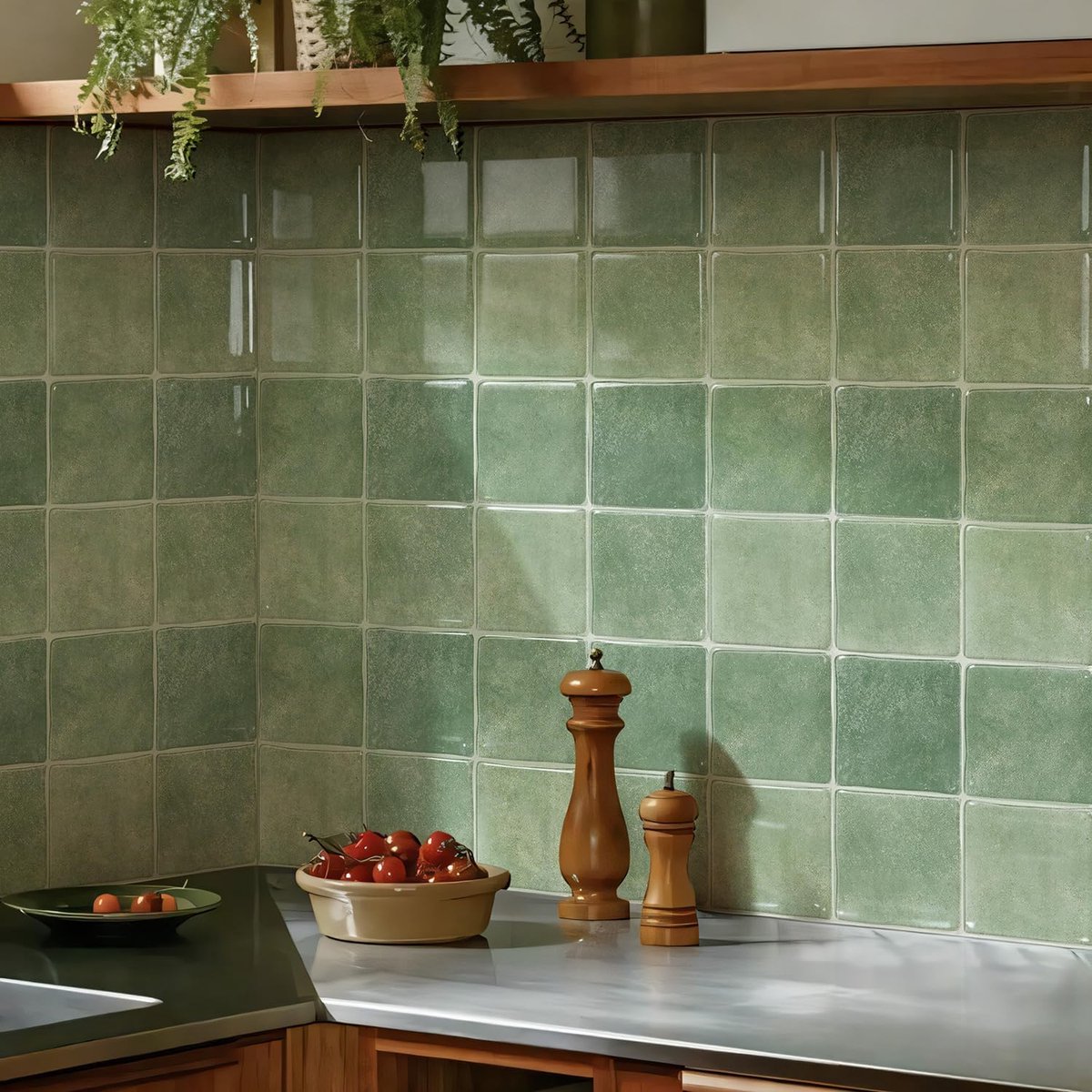 3D-vinyl muurtegelsticker, beschermfolie verwijderen en opplakken, zelfklevende waterdichte spatwand, tegelstickers voor keuken, badkamer muur, saliegroen, 25,4 x 25,4 cm x 10 stuks
