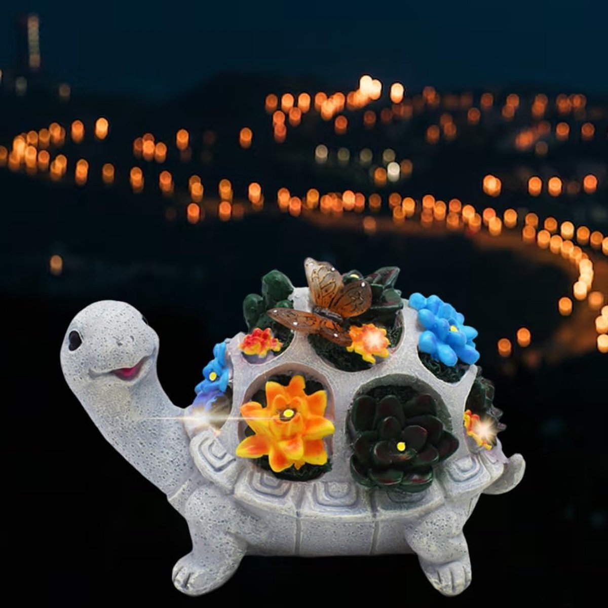 Tuindecoratie op zonne-energie voor buiten, tuinfiguren, schildpad met vetplanten en 7 ledlampen, voor terras, balkon, binnenplaats, ornament voor vrouwen/mama