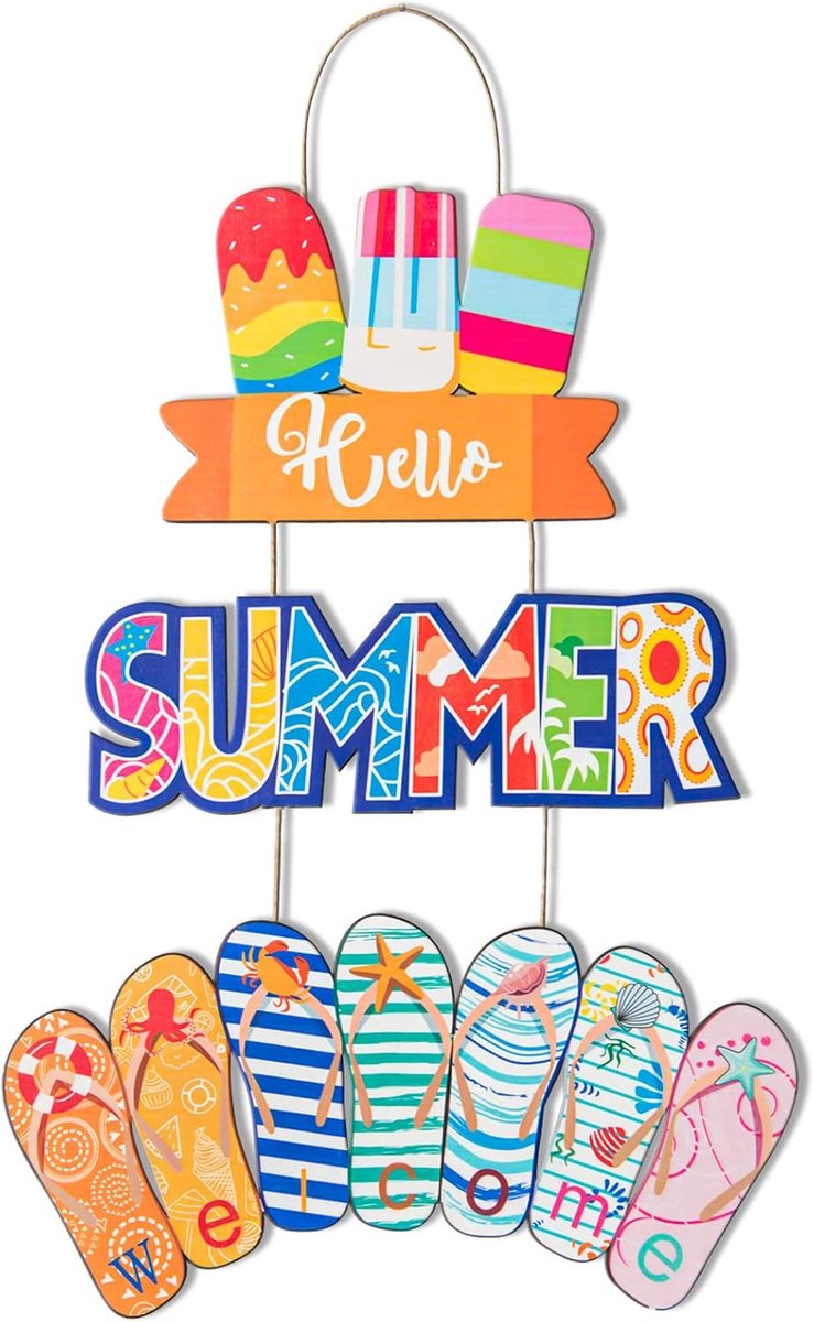 Summer Deurbordje, 3 stuks, welkomstbordjes van hout, zomerhuis, pantoffels, ijsdecoratie, hangende decoratie met veters, voor binnen en buiten