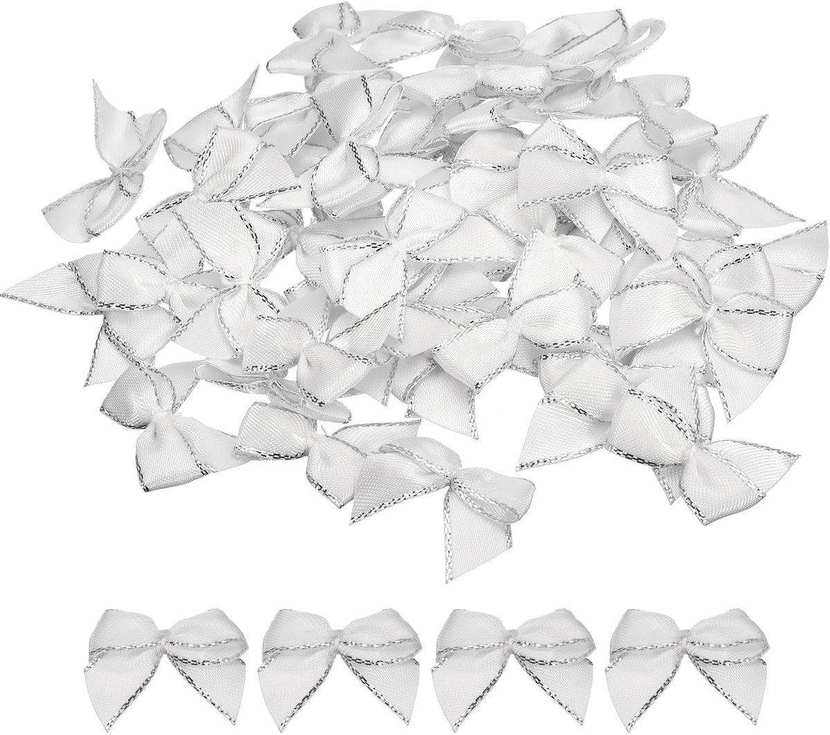 Strikken 25 mm satijnen lint bogen met zilveren lijnen rand kleine kerstboom strik geschenkstrikken sieraden om te knutselen, doe-het-zelf haarstrik, feestcadeau, wit
