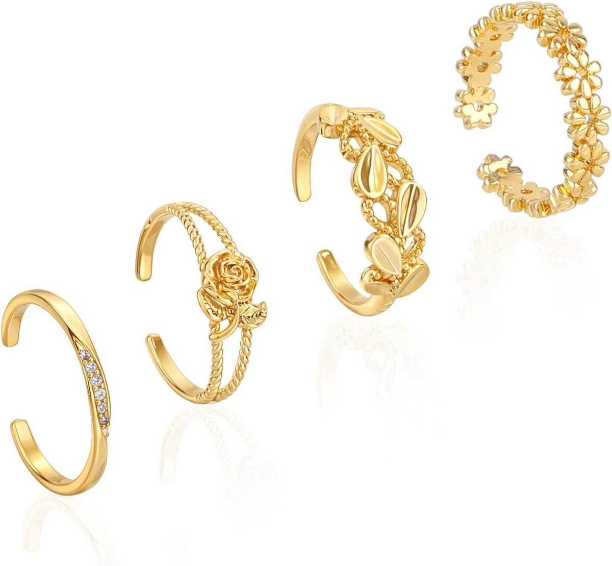 Teenringen, 4 Stijlen Open Design Teenringen (Goudkleurig) | Stijlvolle Teenringenset Modieuze Voetsieraden voor Dames Strandfeestjes Vakanties Aan Zee en Dagelijks Gebruik