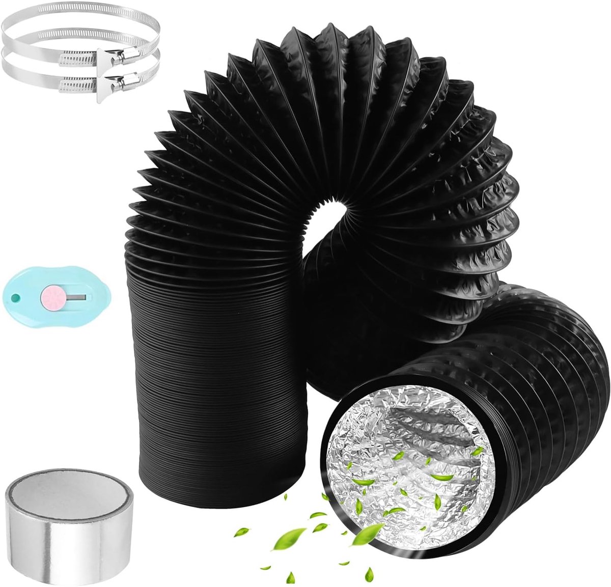 125mm lengte 6m PVC Flexibele Aluminium Pijpslang Aluminium Aluflex Slang met 2 RVS Slangklemmen en Aluminiumfolie Tape voor Airconditioners Wasdroger Afzuigkap (Zwart)