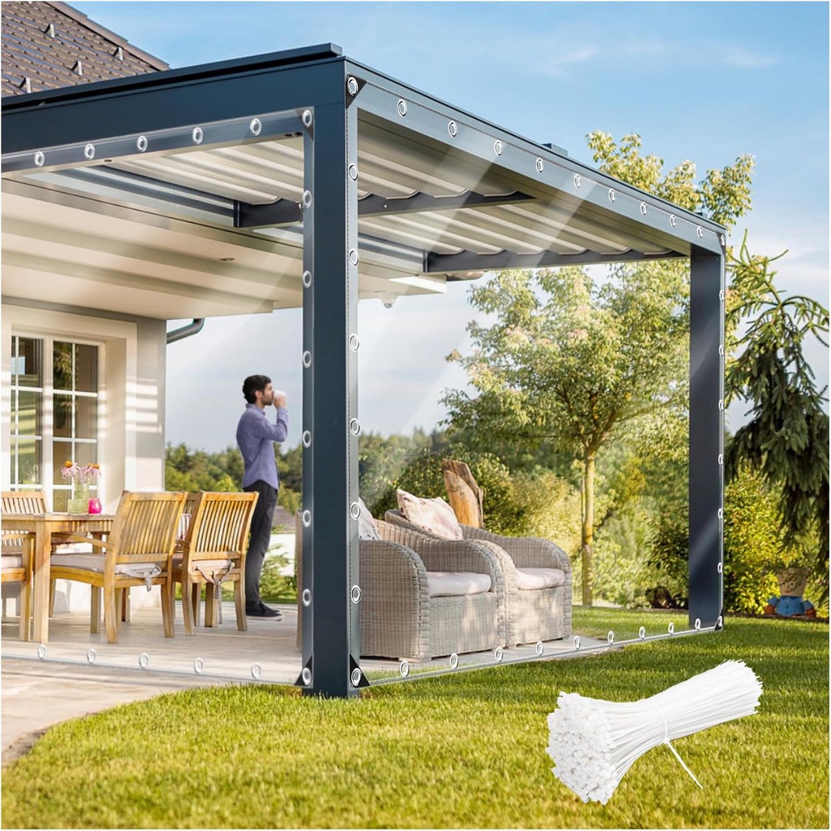 8 x 4,0 m helder waterdicht zeil, PVC 11,8 Mil dekzeil met doorvoertules en kabelbinder, zware scheurbestendige hoes voor camping, planten kas, auto's, terras en paviljoen (8 ' x 13')