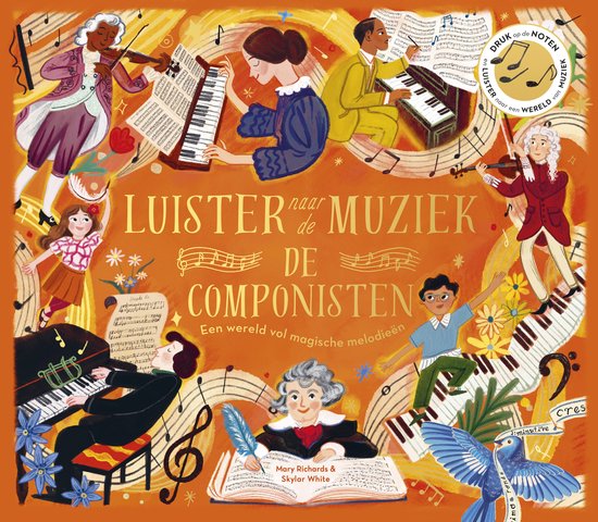 Boekomslag met illustratie van componisten en muzikanten rondom een piano. Centraal staat de tekst 'Luister naar de muziek de componisten'.