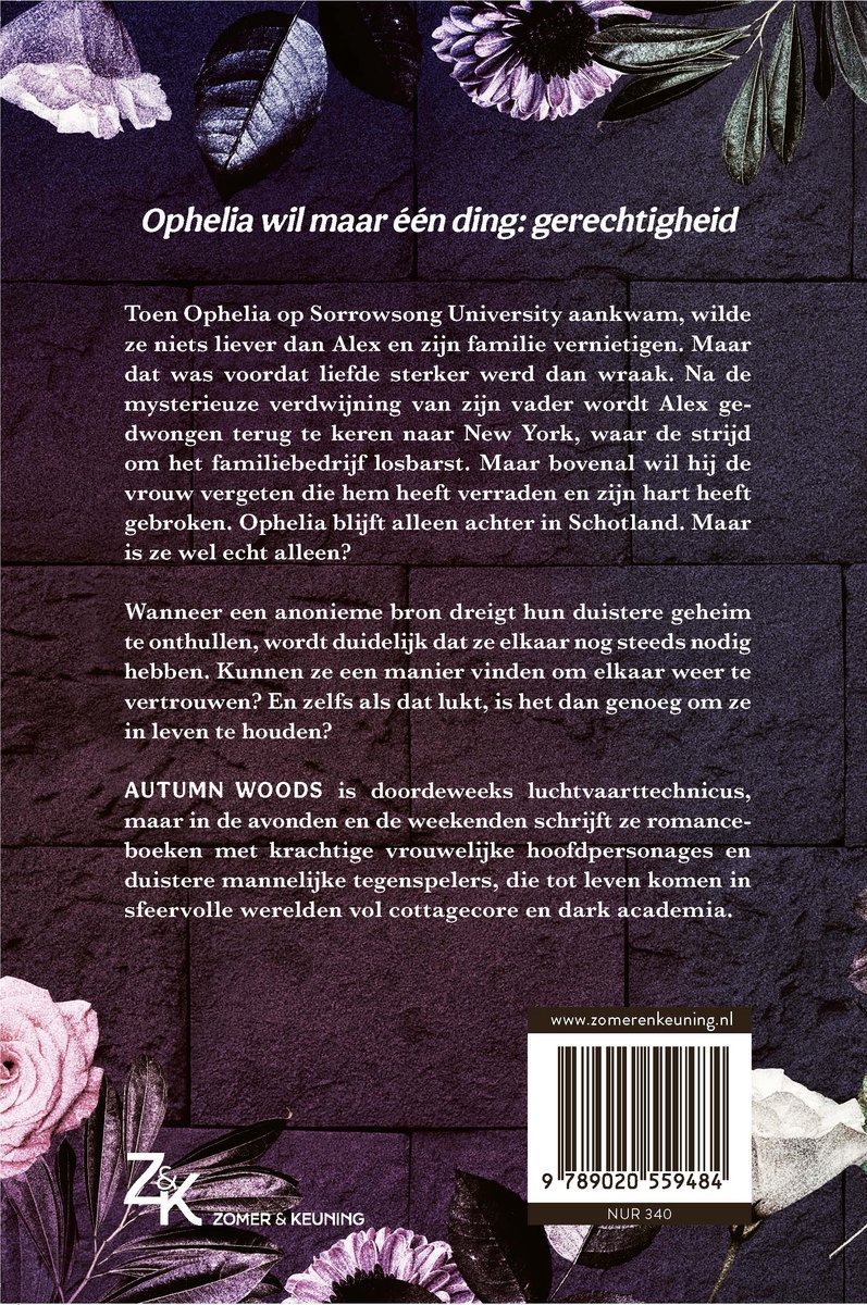 Boekomslag van "Sorrowsong University 2 - Daybreak" met een bloem en bladeren boven de titel in paars en wit.